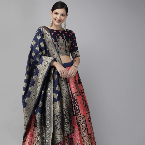 https://www.fabcrab.in/products/pink-navy-blue-woven-design-semi-stitched-lehenga-unstitched-blouse-with-dupatta